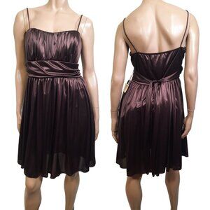 Vintage 90s Deadstock Brown Babydoll Swing Dress Size 16 Party Prom Sash Shiny